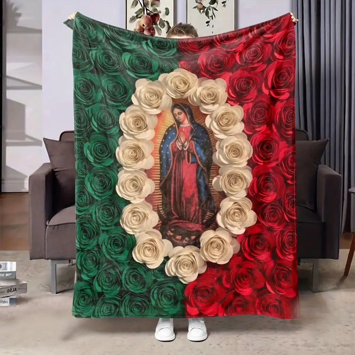 Cozy Reversible Virgin Mary Print Throw Blanket Soft Multi-Purpose for Couch Bed Office Naps & Gifts Vintage Style