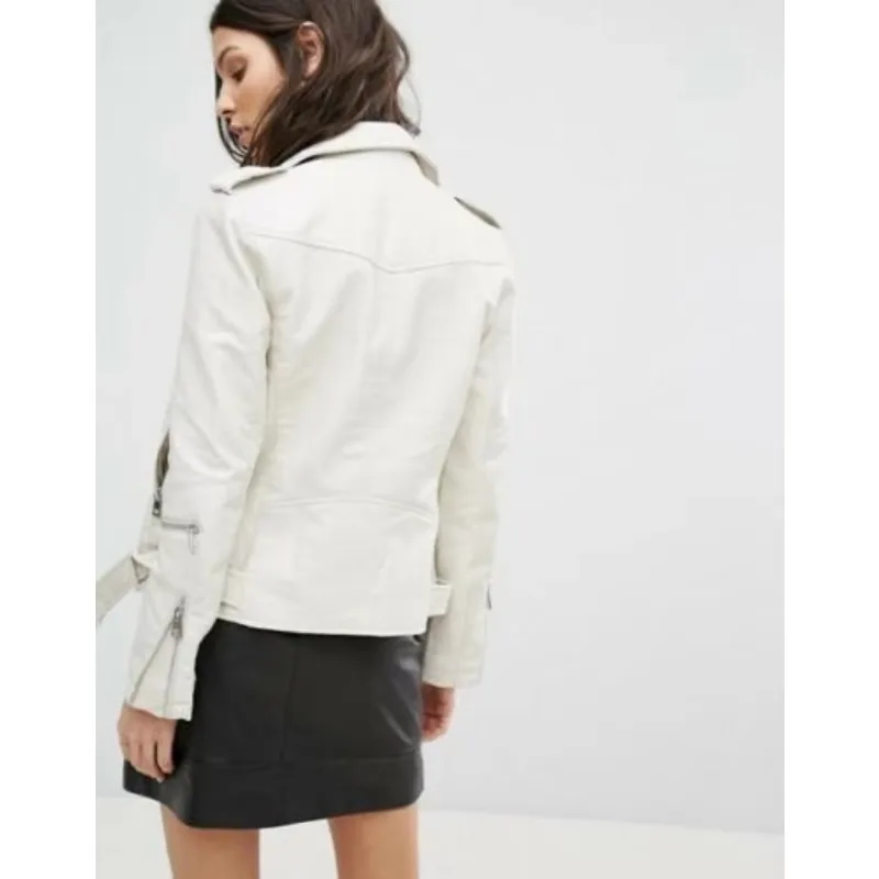 Chaqueta de cuero blanca para mujer, abrigo de piel de cordero ajustado para motociclista, chaqueta de cuero genuino