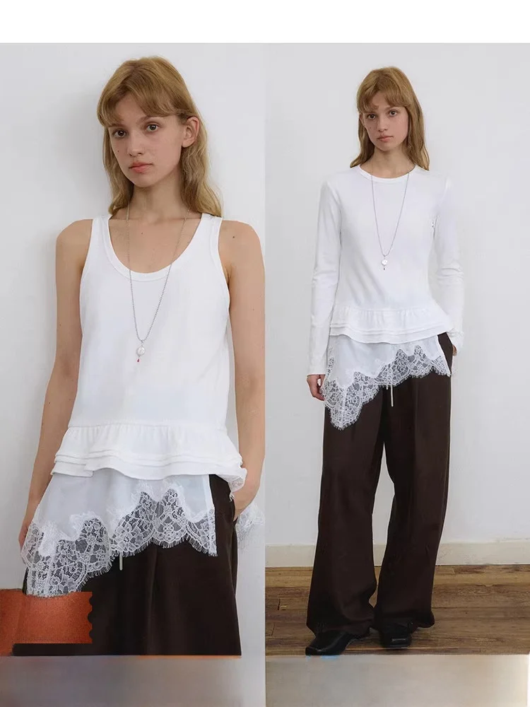 

Футболка Aun с нерегулярной кружевной отделкой, круглая футболка Ne Long Sve Csole Base irt Layering, повседневная женская мода