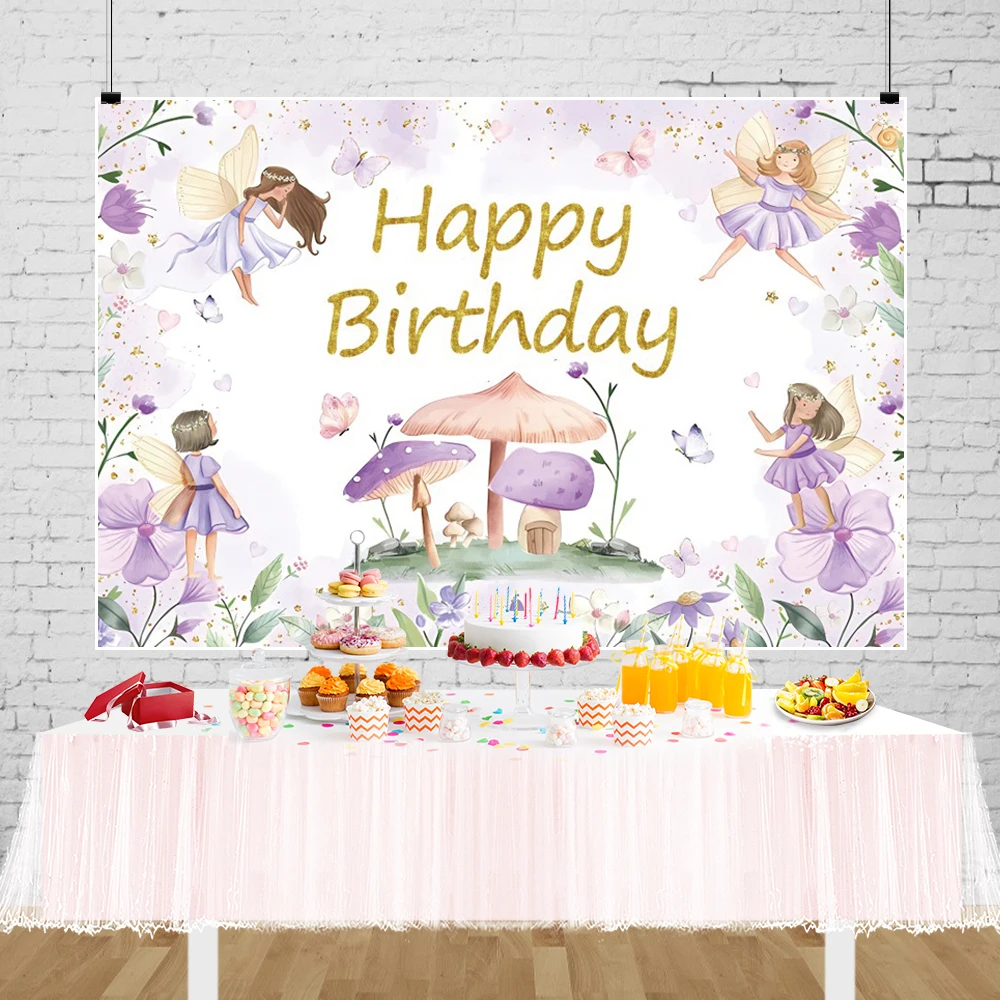 Baby Girls Birthday Mushroom House Background Fairy Tale Elf Butterfly Colorful Flowers 1st Birthday Party Photography Backdrop