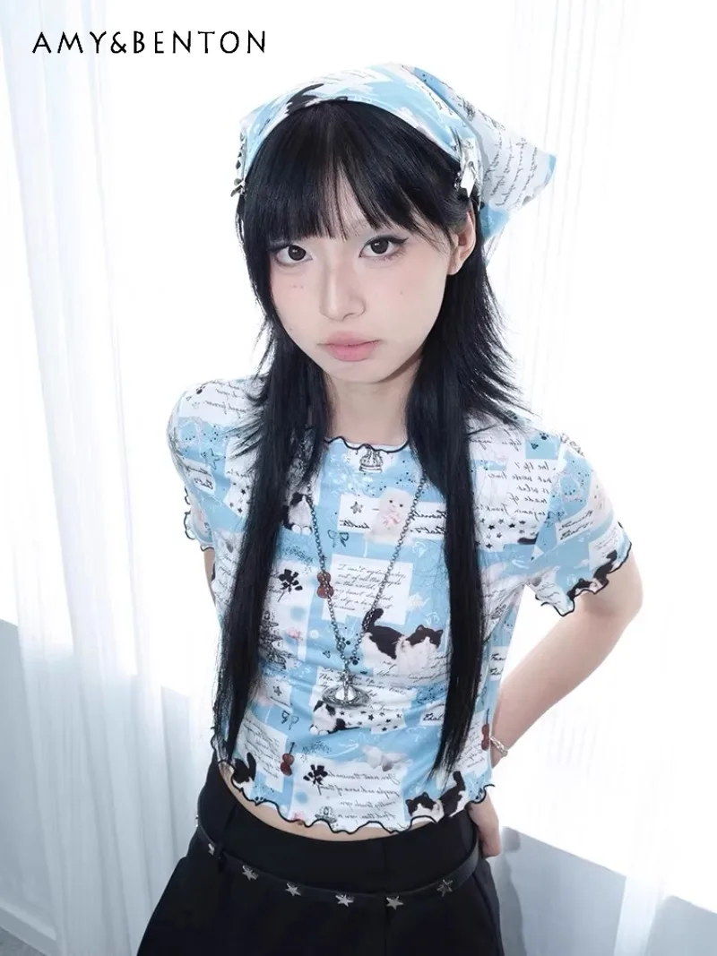 Camiseta de manga corta para mujer, subcultura japonesa Y2k Millennial Hot Abby Kitten con estampado de dopamina, Retro, ligera, de verano