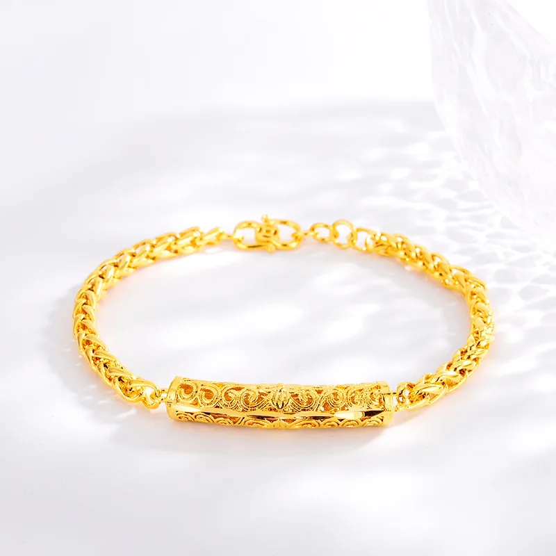 Fine AU999 gold jewelry lifetime auspicious cloud pattern bracelet 24K pure gold coin cylindrical hollow wrist chain