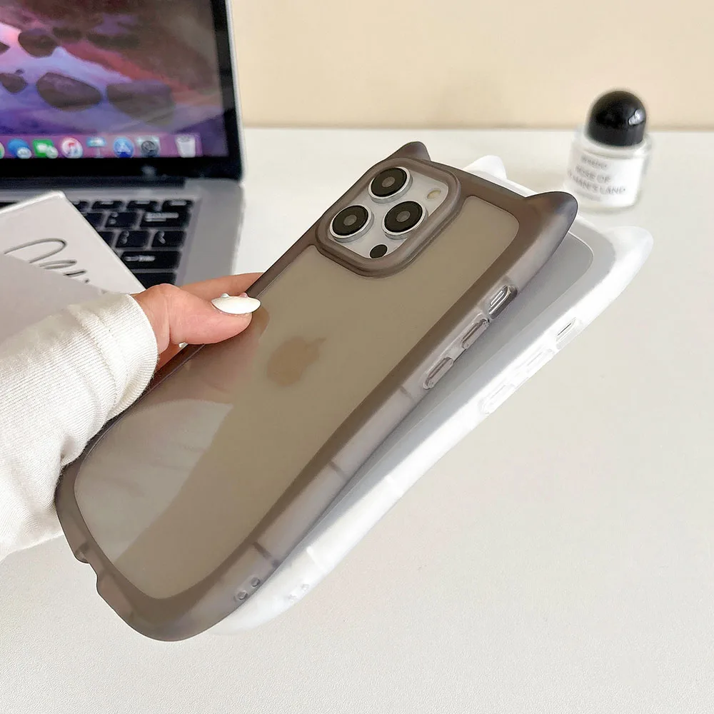 كوريا لطيف ثلاثية الأبعاد القط الأذن شفافة قضية الهاتف آيفون 11 12 13 14 15 16 برو ماكس ماتي سيليكون للصدمات الغطاء الواقي