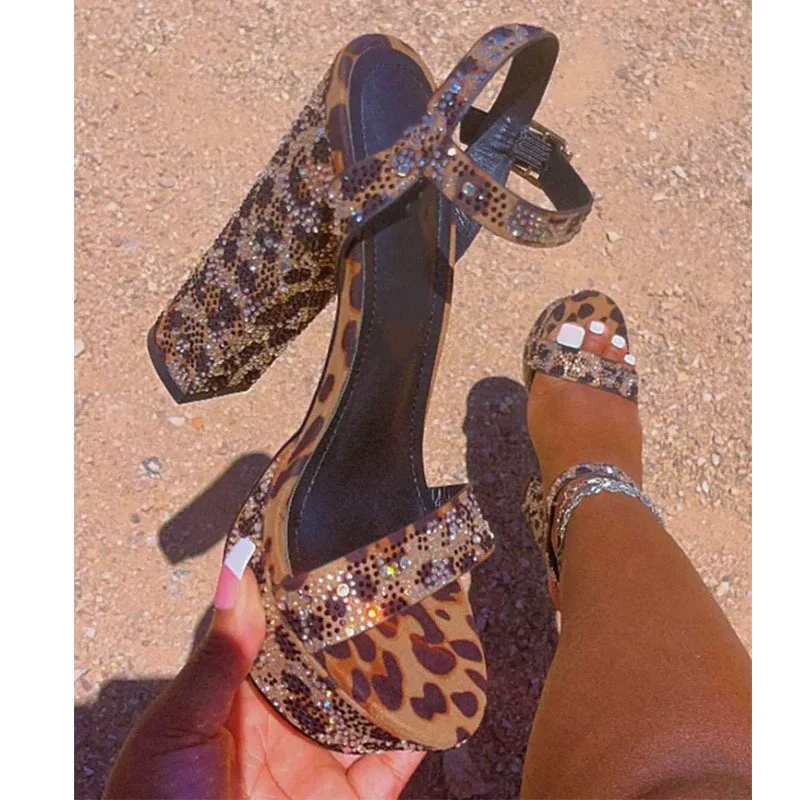 

Sexy Style Leopard Bling Crystal Round Toe Platform Summer Women Sandals Chunky High Heel Buckle Strap Design Large Size Shoes