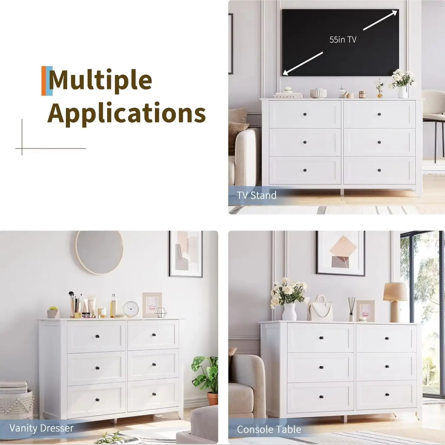 6 Drawer Dresser Modern Wood Storage Cabinet 54 Inch Wide Chest with Deep Drawers Metal Knobs Anti Tip Design Bedroom Living Room Entryway Organizer image 5