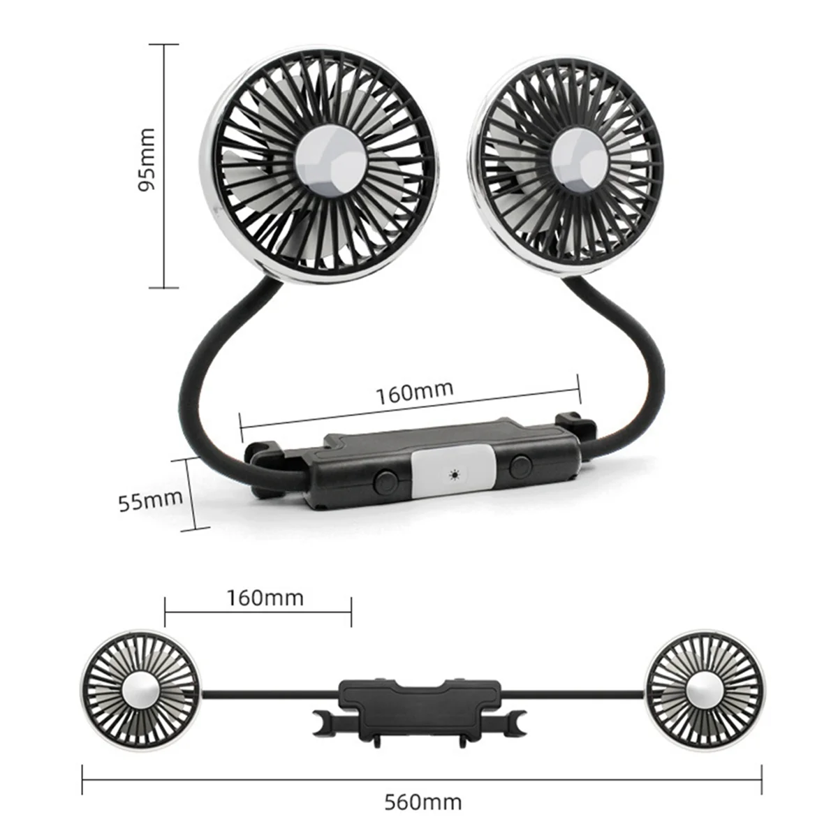 Car Fan for Backseat, Dual Head Hose Car Seat Fan with Led Lights, Portable USB Fan for Car, 3 Speeds Cooling Car Fans