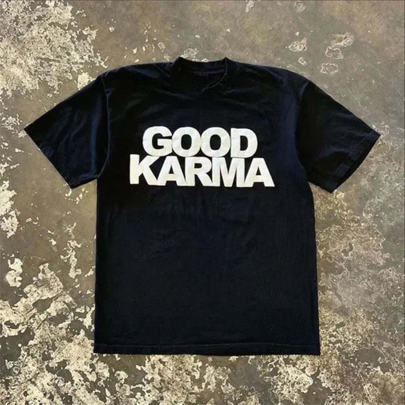 

Fashion women's Hip-Hop Streetwear Tees Oversized Letter Print “GOOD KARMA” Y2k O-neck loose cotton T-Shirt cute Women's Top