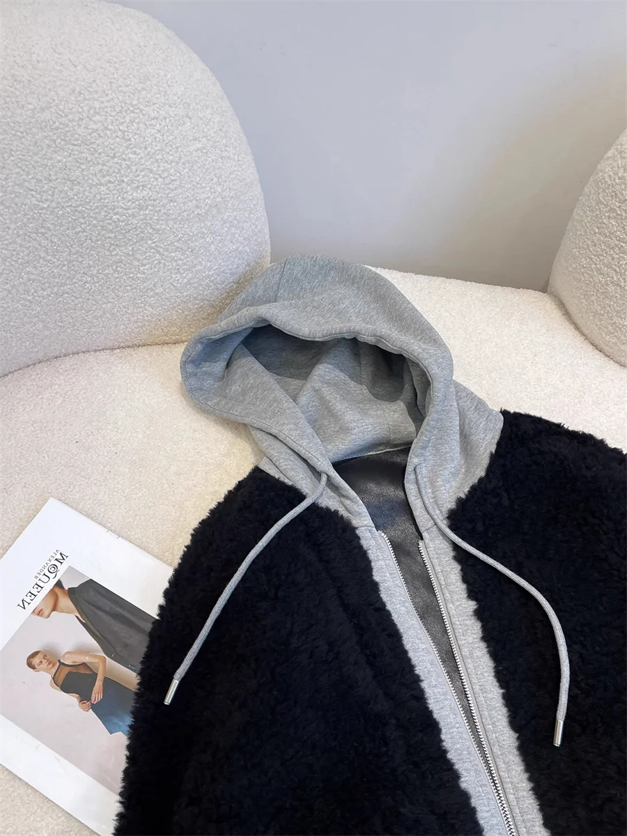 Design coreano Senso Colore Sang Pelliccia con cappuccio Jaet Uomo Donna Autunno Inverno Faionable Allentato Falso in due pezzi Top Cappotto da donna