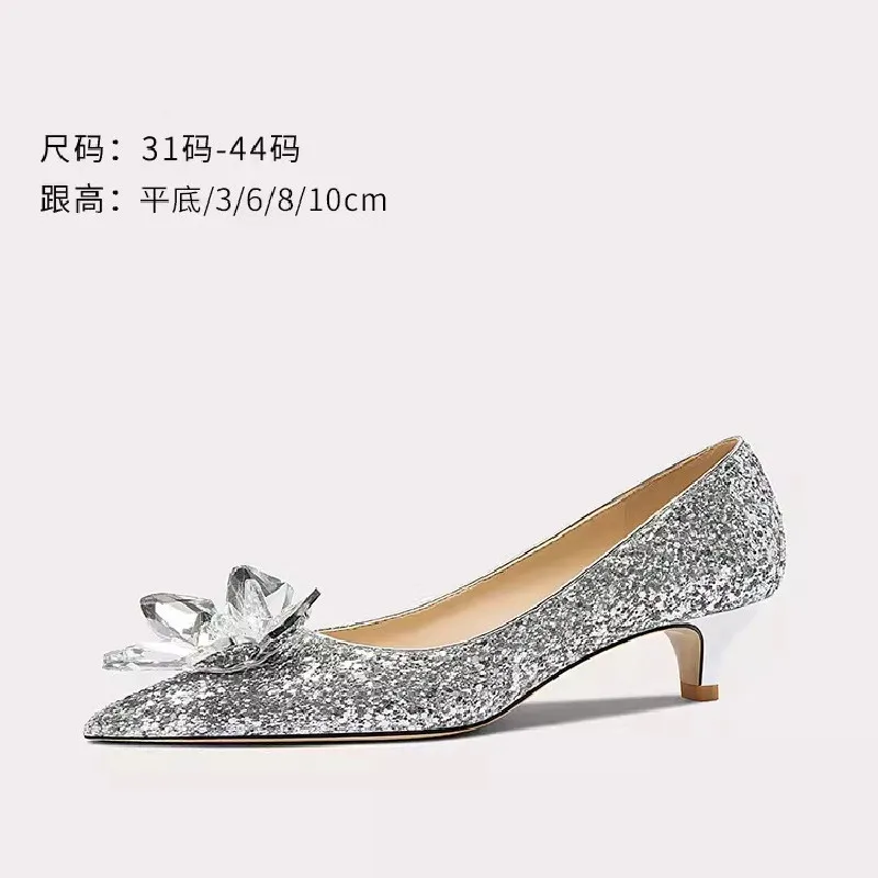 

Spring/Summer Pointed Sequins Crystal Flat Bottom Banquet Wedding Shoes Thin High Heel Dress Large and Small Women's Single Shoe