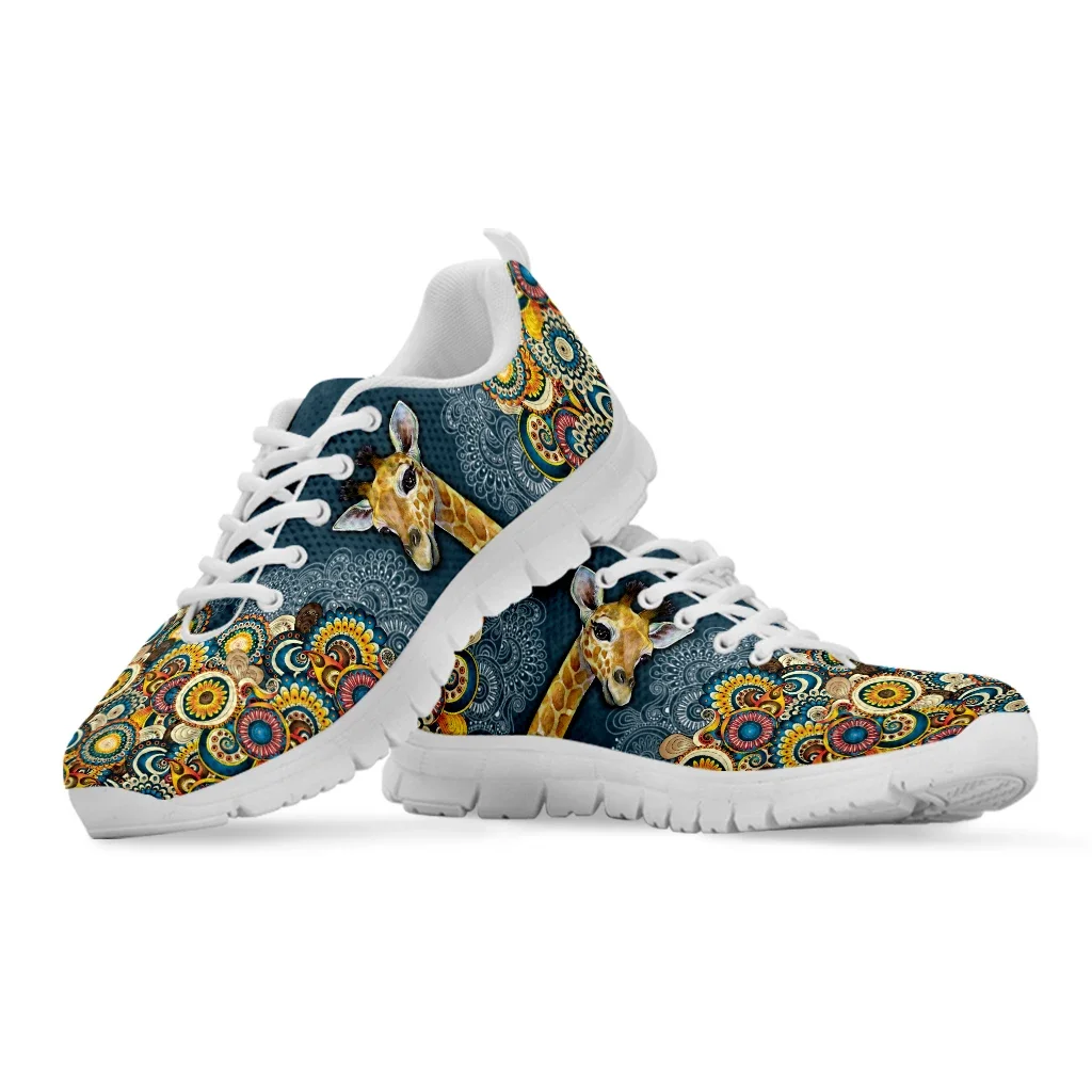 Bohemian Style Lace-up Shoes Cartoon Giraffe Print White Platform Sneakers Comfortable And Breathable Summer Shoes