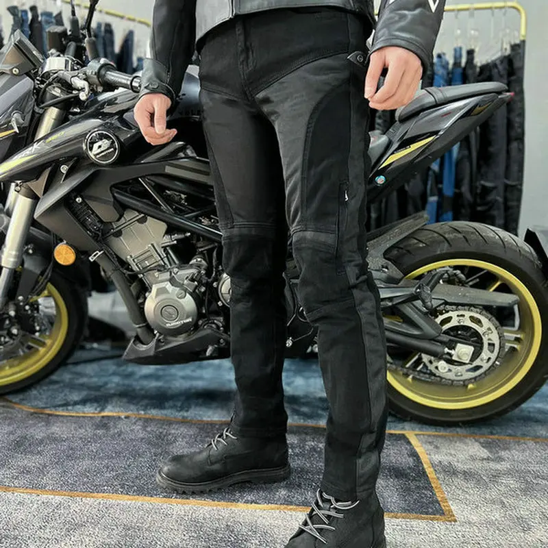 Loong Biker รถจักรยานยนต์ฤดูร้อนขี่กางเกงยีนส์ตาข่าย Breathable ยืดหยุ่นสูงกางเกงวิบากเข็มขัดคงที่อีกต่อไปเข่าเกียร์กางเกง