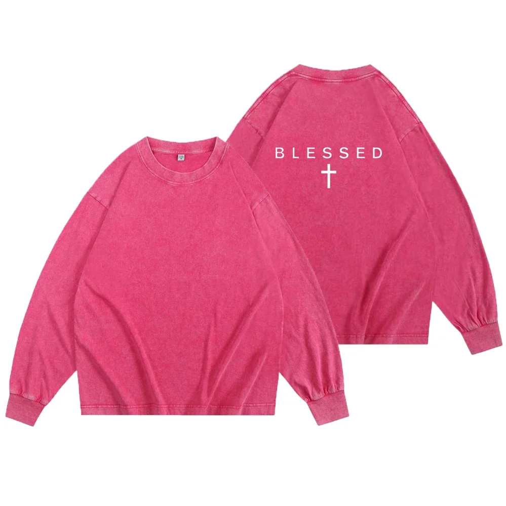 Unisex 230GSM Acid Wash Long Sleeve T-Shirt Vintage Blessed Cross Graphic Crewneck Oversized Streetwear Cotton Tee