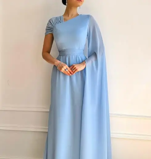 Verão cor sólida pescoço inclinado design de capa de ombro único com cintura cinched vestido evasê, vestido elegante e fino