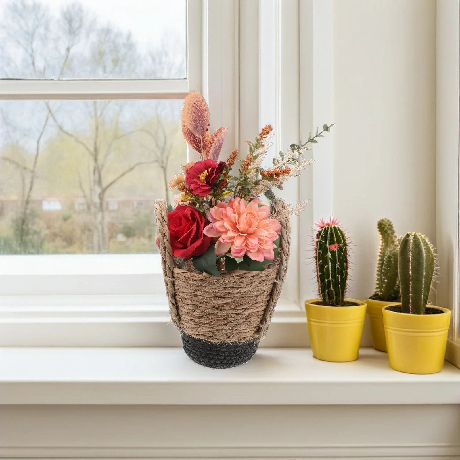 

Handmade Flower Basket Dual Handle Natural Grass Woven Farmhouse Planter Balcony Porch Living Room Garden Woven Planter