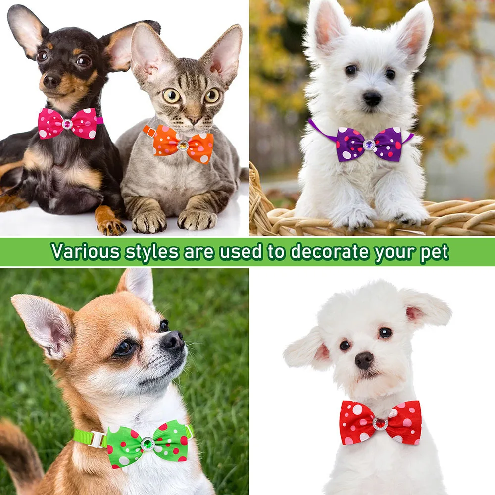 10PCS Handmade Pet Bow Tie Plaid Polka Dot Bow Collar With Drill Adjustable Puppy Cat Necktie Bowties Pet Grooming Accessories