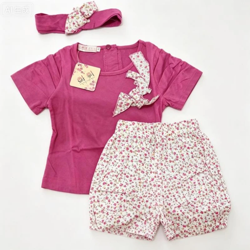Summer Baby Sets Short Sleeve T-shirt Shorts Hairband 3pcs Sets Kids Girls Clothing Print