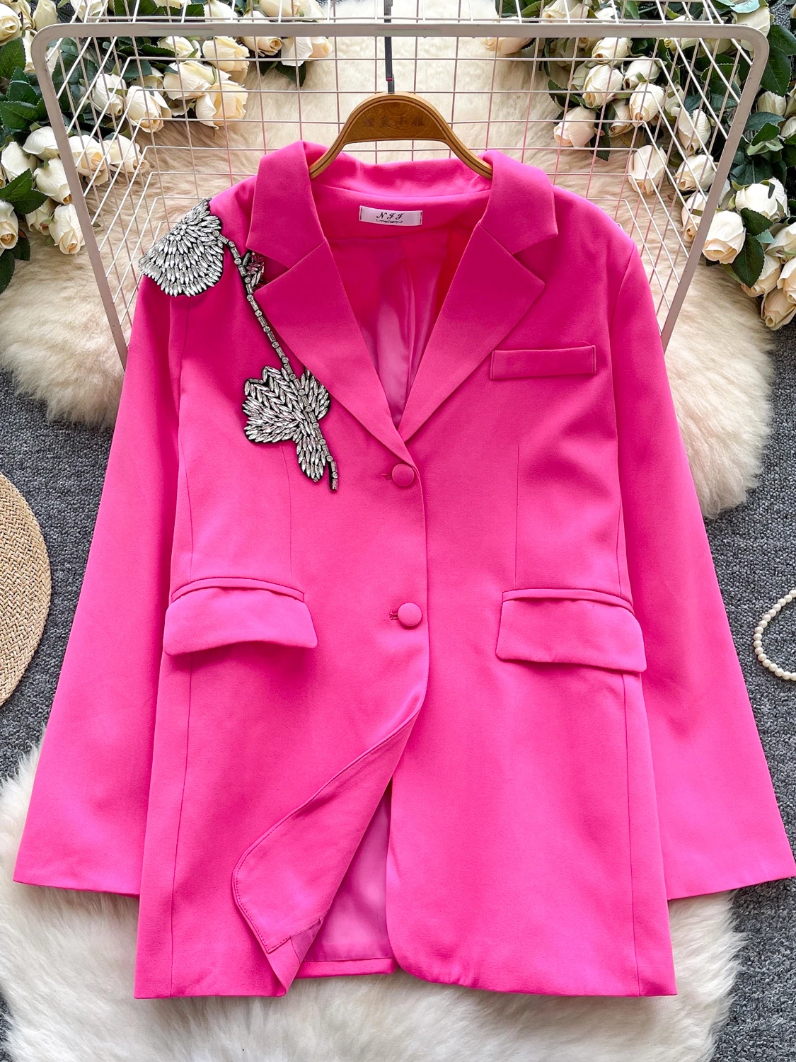 

Faionable Heavy Diamond Embellied Suit Jaet Women's Commute Loose Fit Versatile Autumn Winter Outerwear Ladies irt