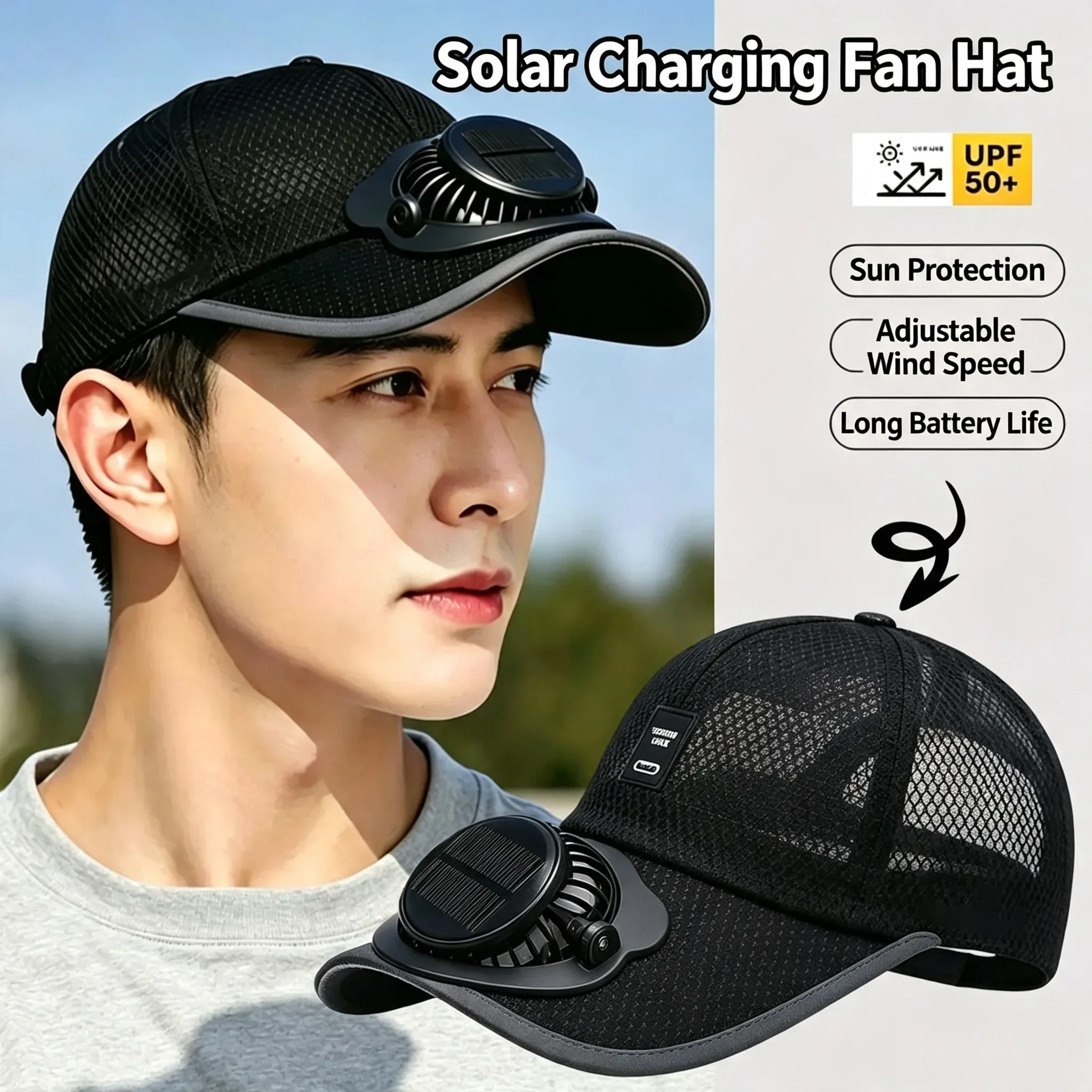 Visor Sun Hat - 夏用ソーラー充電式ファンハット、男女兼用通気性メッシュ日よけ屋外サンハット、ダックビルキャップ