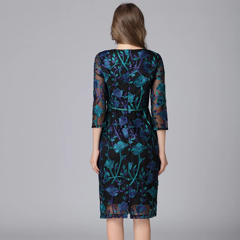 Embroidery Lace Dresses for Women, Vintage Dress, Three Quarter Knee Length, Ladies Dress, New Arrival, Autumn, 16133, 5XL, 100K