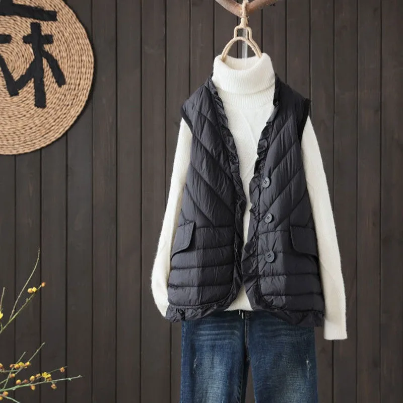 White duck down New style Solid color selvedge waistcoat female V-neck loose Look slimmer Sleeveless vest jacket