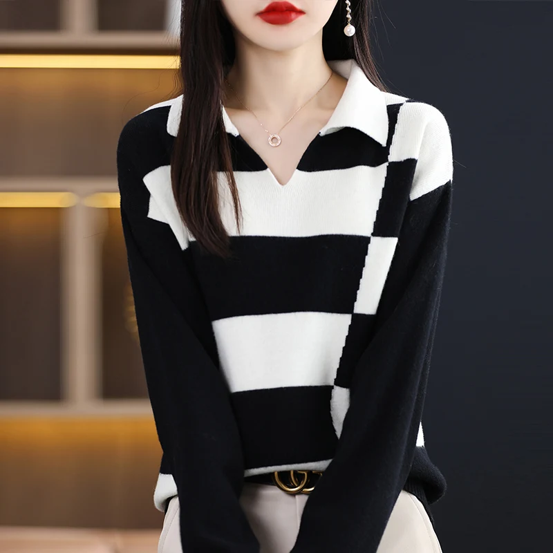 

Autumn New Pattern Winter Sweater Over V-neck Loose Asymmetrical Striped Knit Women's Top Polo Lapel Versatile Sweater