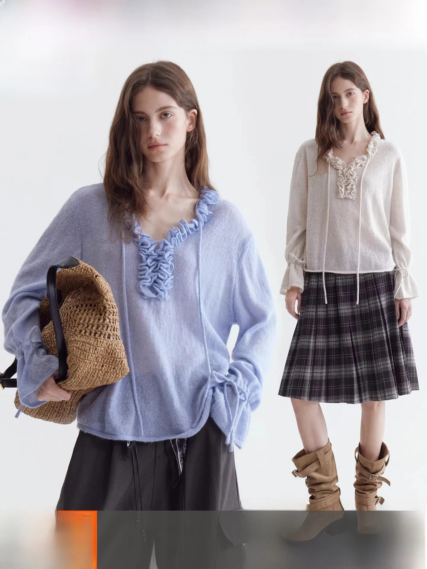 

Fano Spring Aosphere 3D Wooden Ear Dstring Wool Blend Loose Knitted Top Women's Korean Sle Long Sve V-ne Breathable