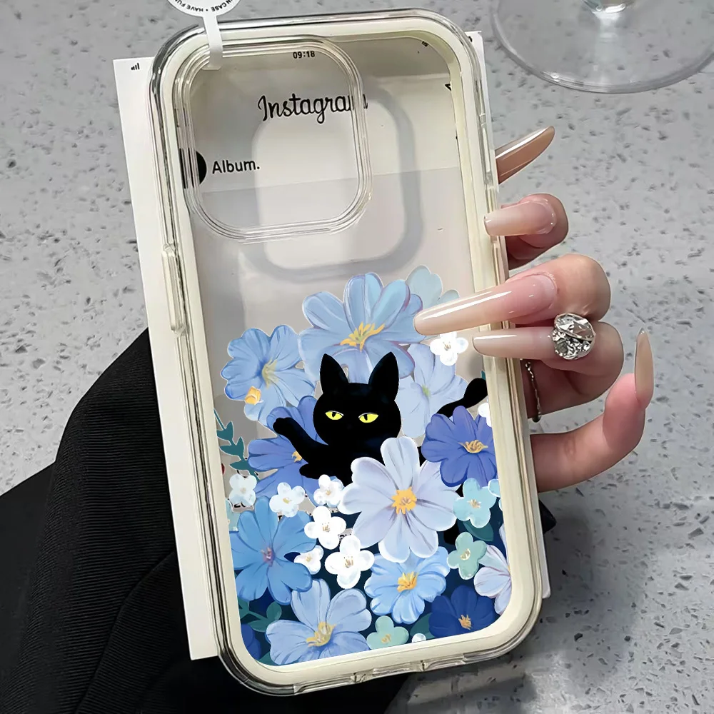 Blaue Blume Schwarze Katze Transparente Handyhülle für iPhone 17 13 16 15 11 12 14 Pro Max 17 Air XR X Hülle Silikon Weiche Stoßfeste Abdeckung – Detail 4
