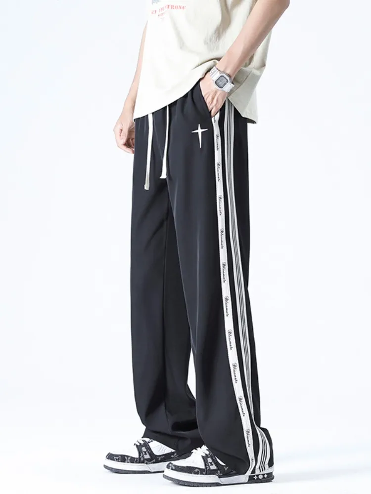 

Мужские летние тонкие свободные повседневные брюки из ледяного шелка в полоску, быстросохнущие, спортивные, прямого кроя, дышащие, удобные, модные