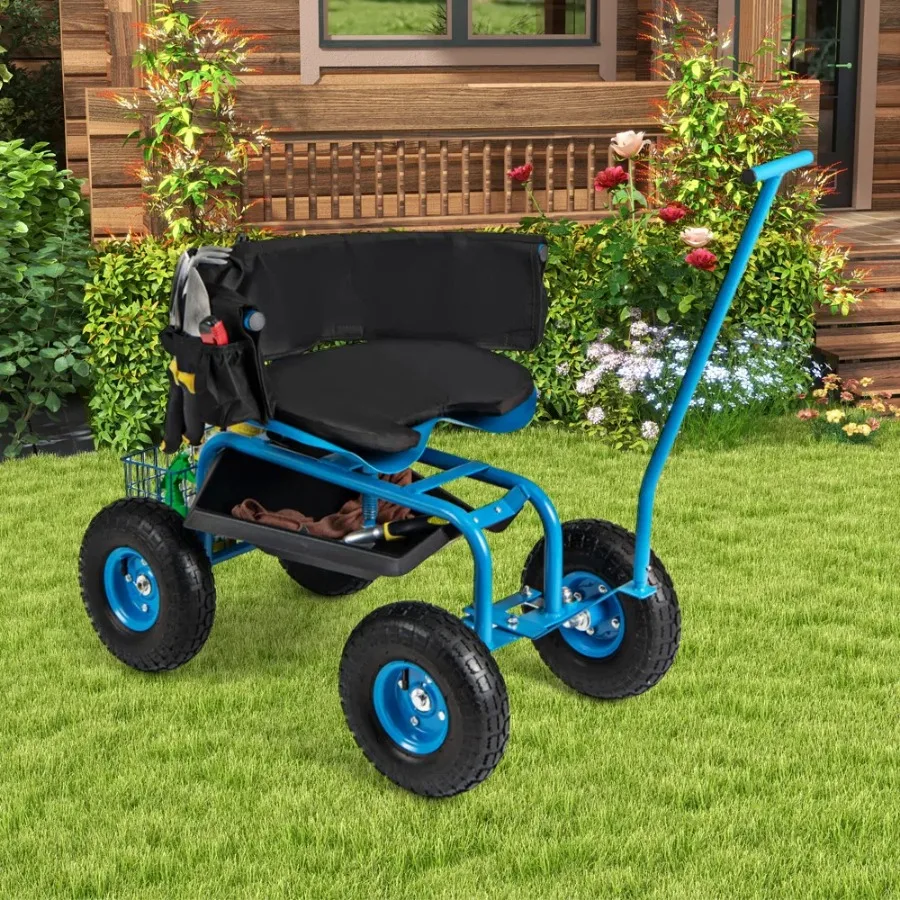 

1PC Rolling Garden Cart with Height Adjustable Swivel Seat and Storage Basket