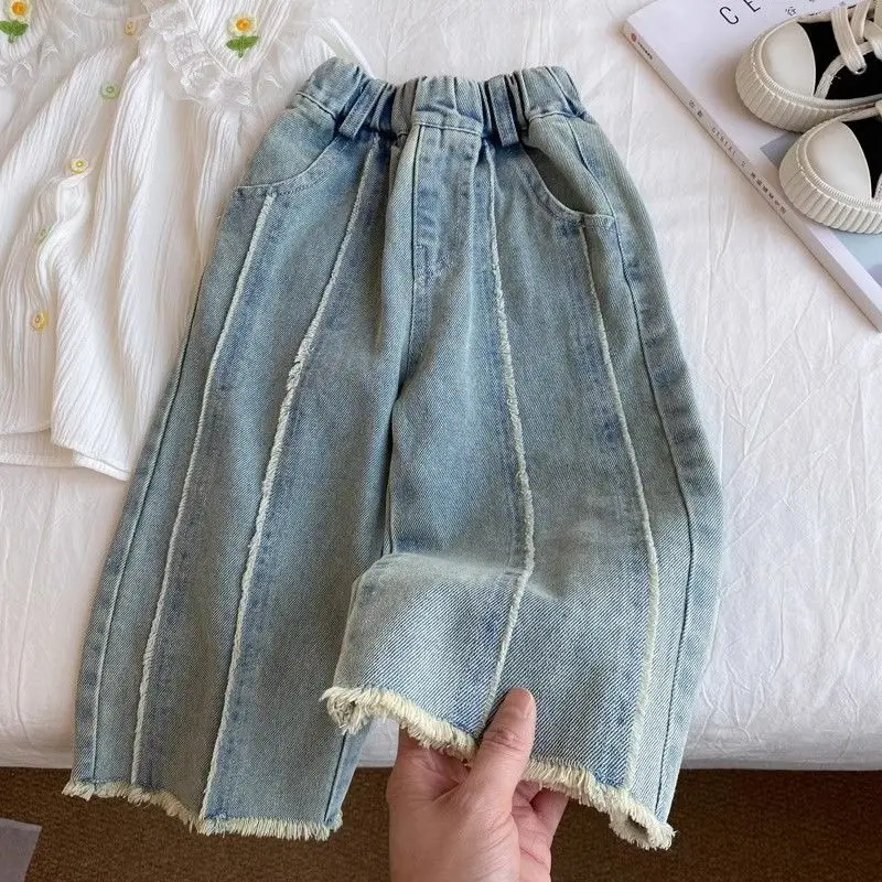 Fashion Girls\' Jeans Autumn 2024 New Raw Edge Straight Denim Trousers Korean Baby Girls Loose Versatile Wide Leg Pants