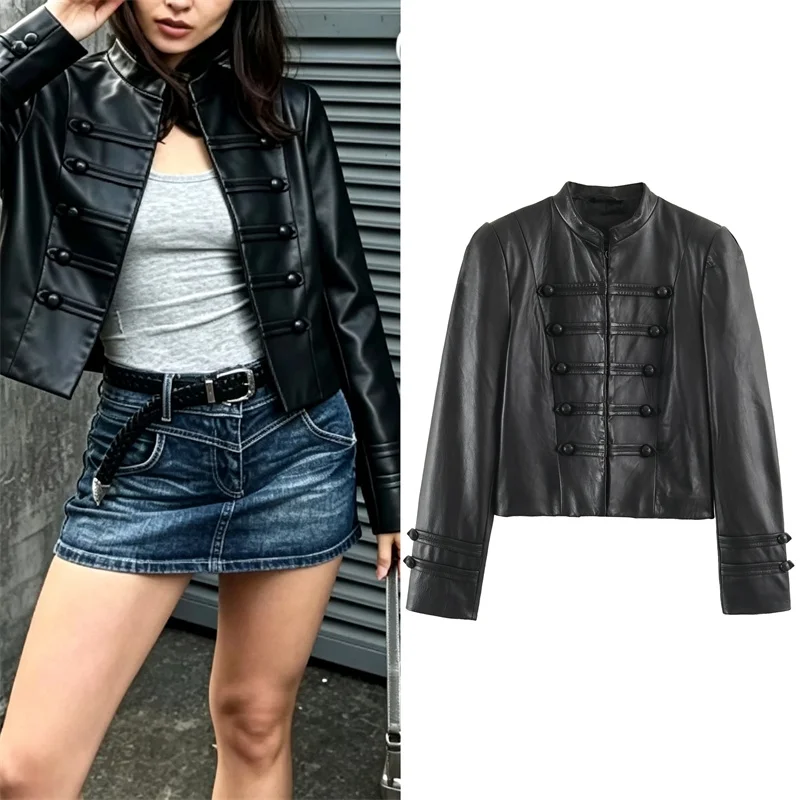 Guobioziy Women's Jacket 2026 Early Autumn New Arrival Fashionable and Versatile Stand Collar Faux Leather Knot Button Coat