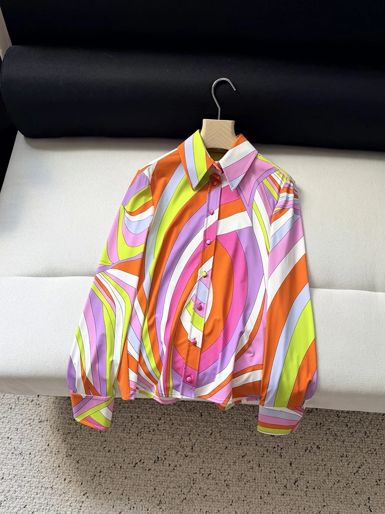 Spring Summer Fashion Vintage Print Casual Wide Leg Pants Suit Women's Turn-down Collar Loose Blouses + Elastic Waist Trousers