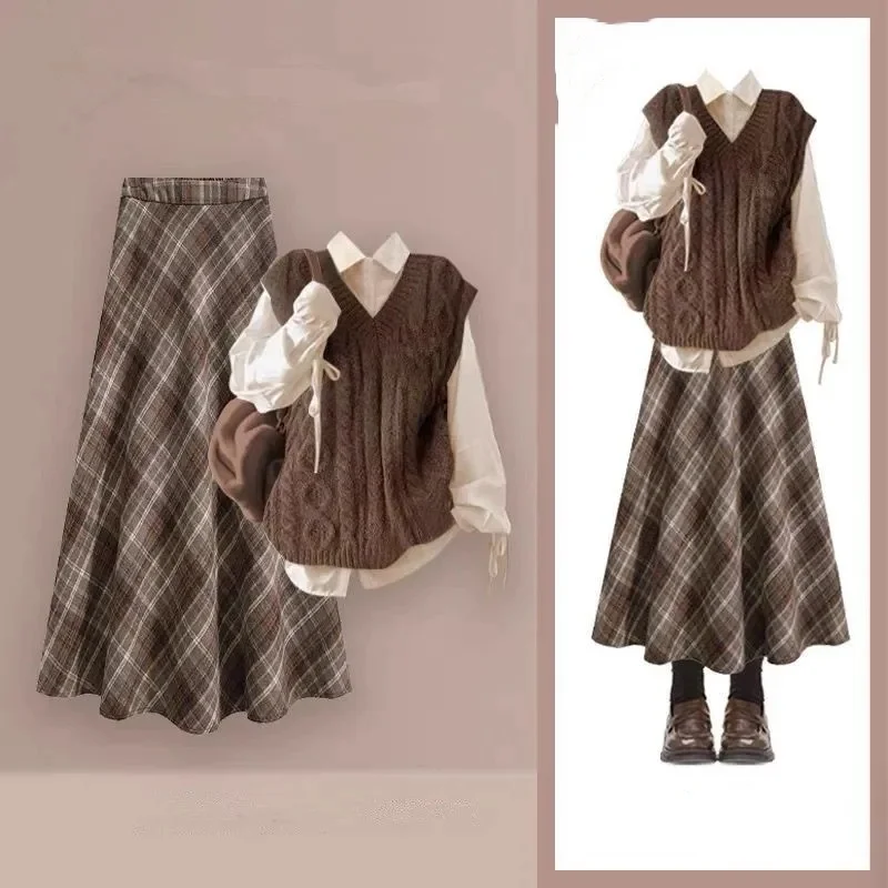 

Женская осенне-зимняя бандажная рубашка в консервативном стиле, вязаный жилет, клетчатые юбки, комплект из трех предметов, женский корейский свитер на бретелях, блузка, юбка, костюм