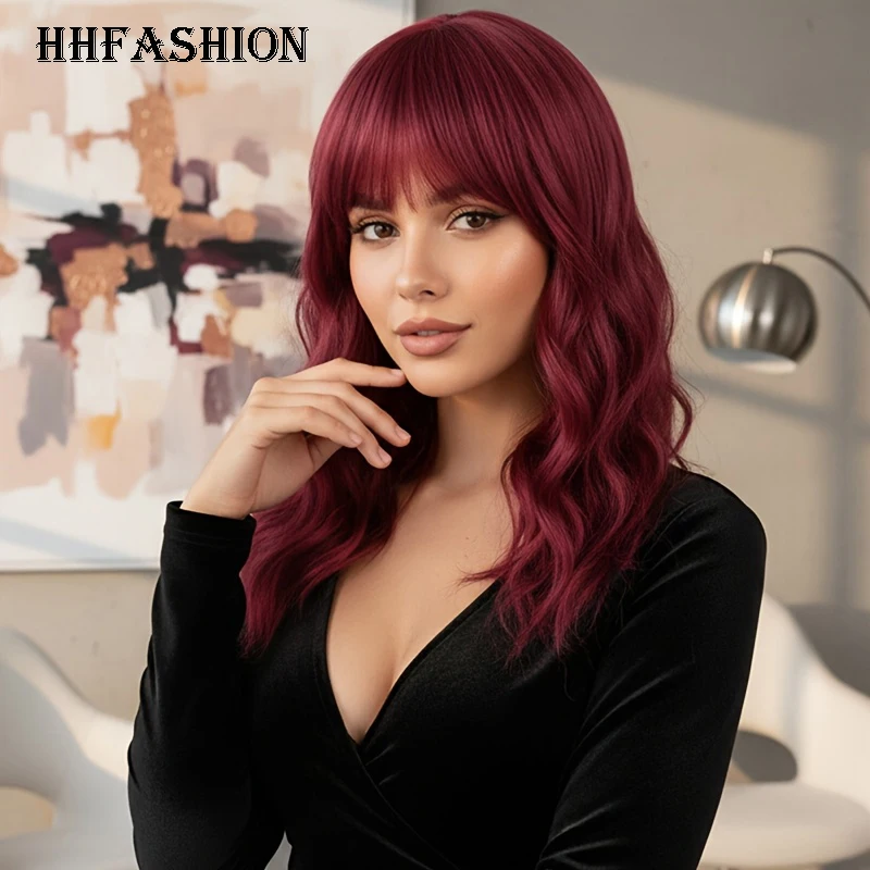 

Wine Red Bob Synthetic Wig for Women Short Wave Curly Hair with Bangs 14 Inch Natural Look Party Cosplay Costume Hairpiece