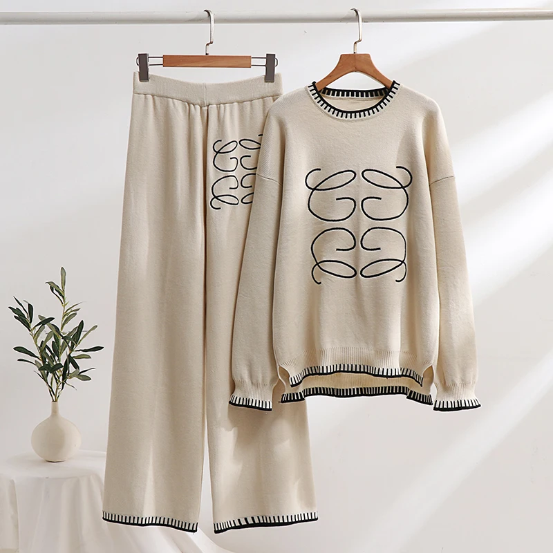 Casual Tracksuit Women Two Piece Set 2 Piece Long Sleeve Cozy Loungewear Knitwear Women Set Knitted Two Piece Set For Women 2024