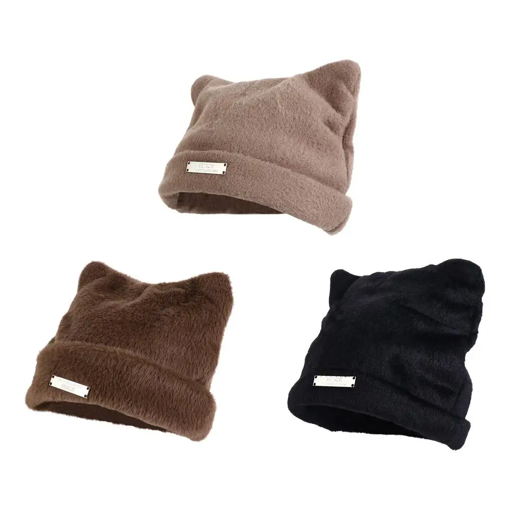 

Fashion Letter Cat Ears Hat Fluffy Beanie Knitted Cap Woolen Hat Skull Cap Winter Plush Hat Streetwear