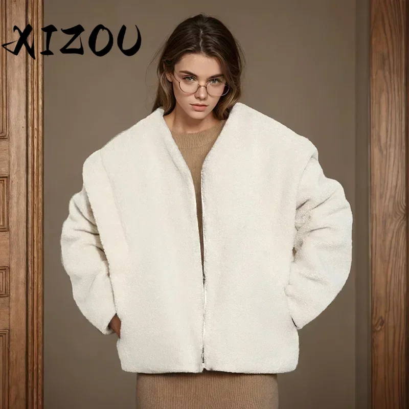 

XIZOU Autumn Winter Women's new Bomber Jacket Warm Thick Buckle Zipper Coat Soft Pilot Jacket Streetwear Basic Outwear Coat