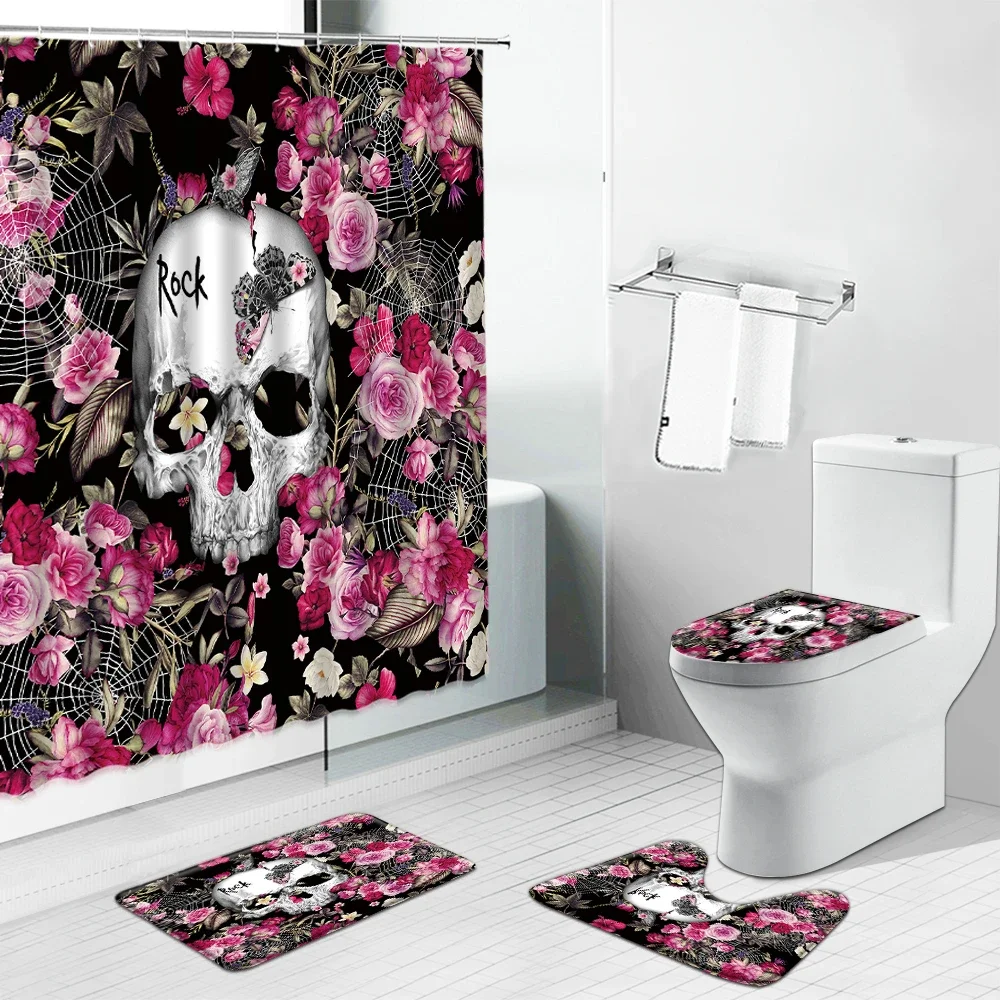 Funny Skull Skeleton Print Shower Curtain Set Halloween Festival Home Decor Bath Mat Toilet Lid Cover Flannel Bathroom Carpet