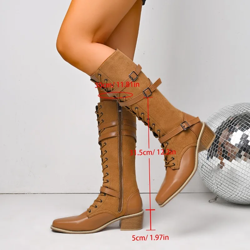 

Fall Winter New Round Toe Lace-up Side Zip Metal Button Block Heel Shoes Western Knight Boots