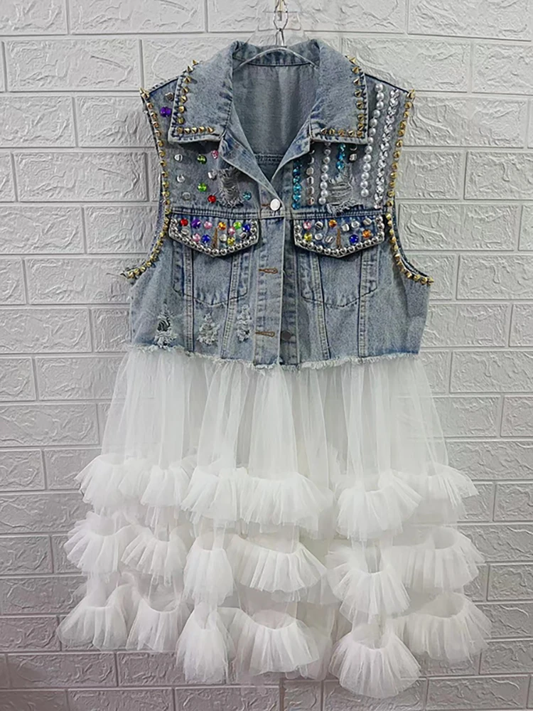 DEAT Women's Denim Vest Sleeveless Diamonds Patchwork Multiple Layers White Mesh Long Waistcoat 2025 Spring New Fashion 29L2015