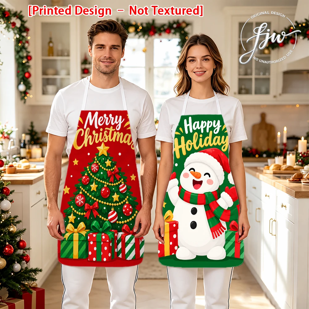 2pcs Christmas Couple Matching Aprons, Xmas Tree Snowman Gingerbread Elf Santa Printed Kitchen Aprons for Holiday Party