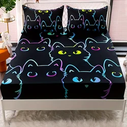 Novel Cute Cat Fitted Sheet Set Dustproof Non-slip All Season Mattress Protector Soft Breathable Bedding Set With Deep Pocket