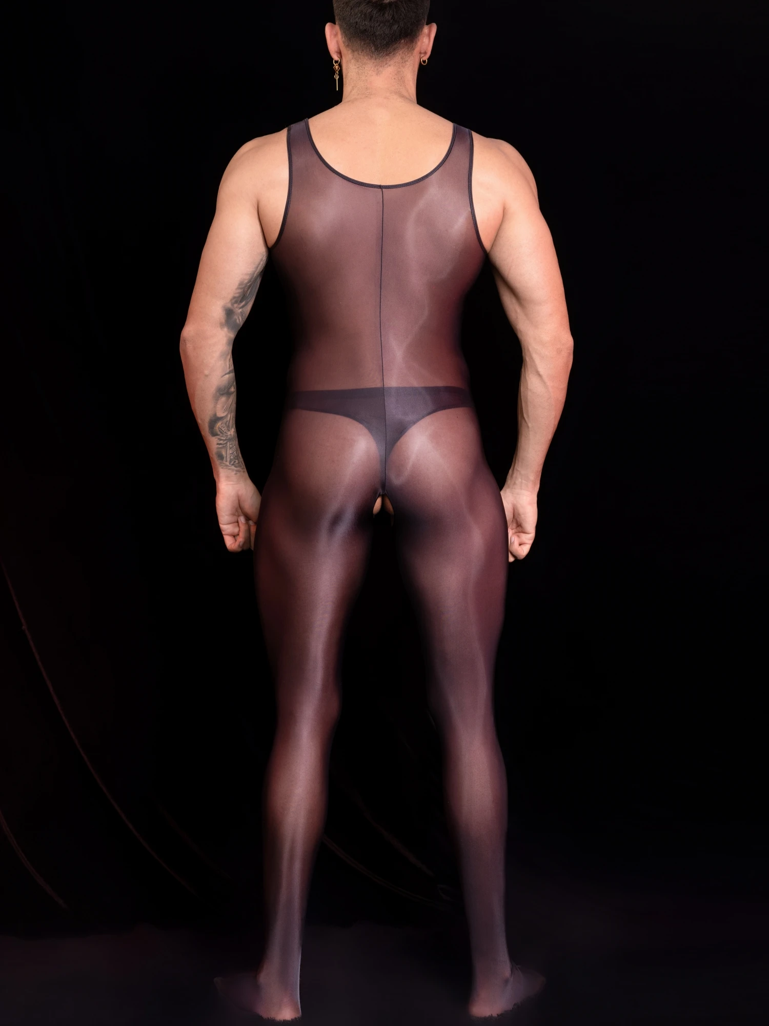 男性シースルージャンプスーツノースリーブパジャマセクシーなオイル光沢のあるオープンクロッチタイツ薄型ソフト伸縮性高品質生地ボディスーツ