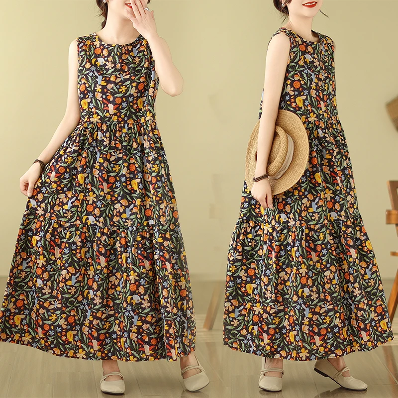 Bloemenprint Maxi Dr Hoge taille Afslankend Svel Vest Sle Lange Dr voor grote maten Dames Woon-werk Sle Verzameld Los...