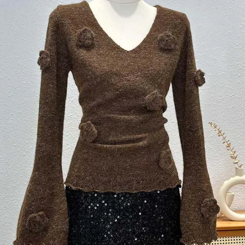 Korean Women V-Neck Long Sleeve Knitted Sweater Spring Autumn 3D Flower Knitting Sweater Fashion Temperament Knitwear Tops Soft