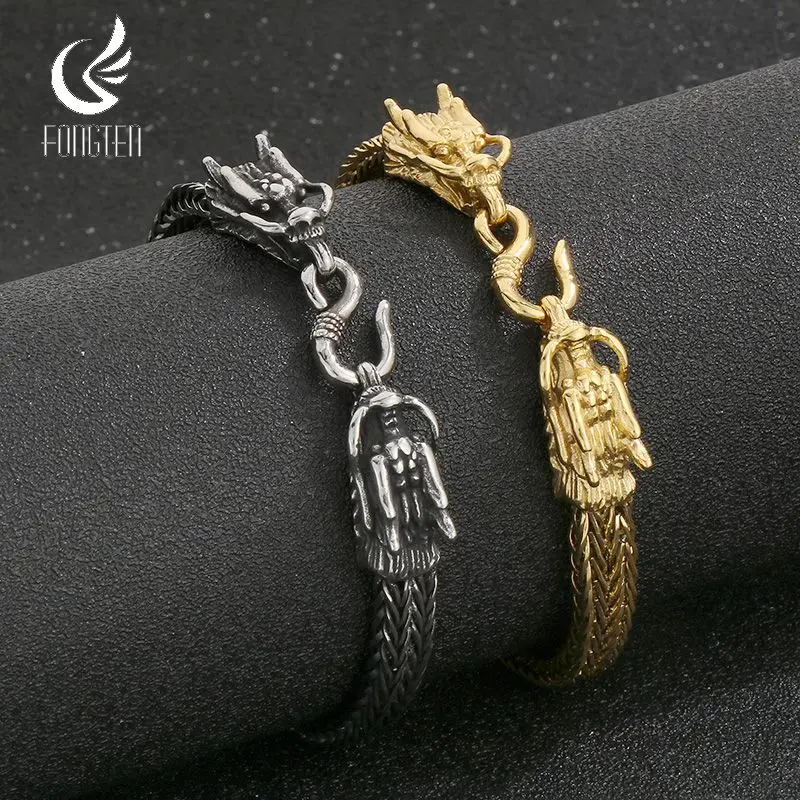 

Femgten Dragon Head Stainless Steel For Men Bracelets Fish Hook Double Row Woven Chain New Male Jewelry Punk Banquet Gifts