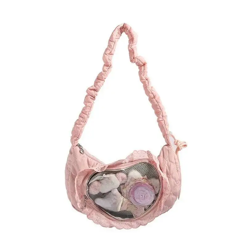 Transparent Heart Pleated Ita Bags Vintage All Match Women Casual Crossbody Bag Fashion Sweet Y2k Aesthetic Shoulder Handbags