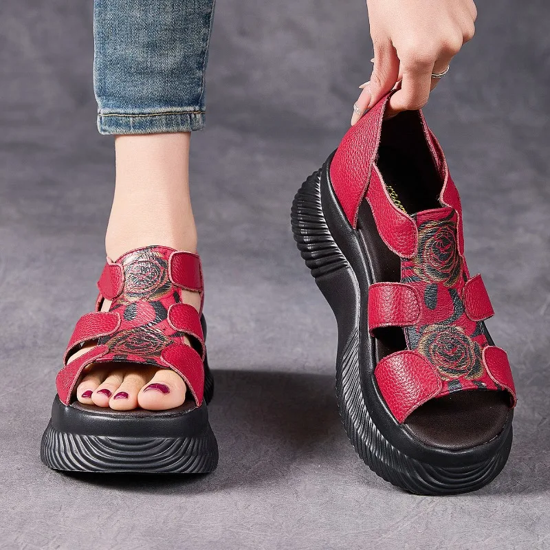6cm Cow Genuine Leather Flats Mary Jane Elthnic Platform Wedge Peep Toe Comfy Hook Shoes Fashion Pumps Chunky Heels Women view 2