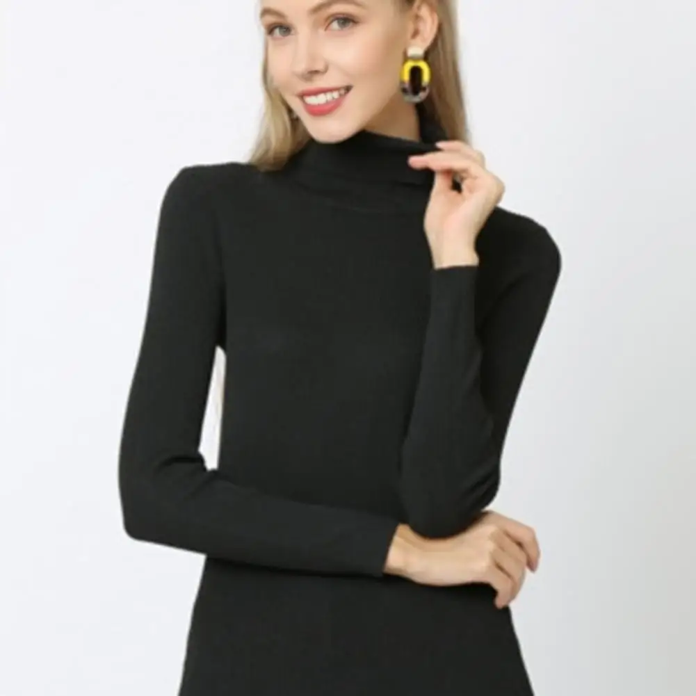 

Women Tops High Collar Long Sleeve Slim Fit Elastic Knitting Tops Solid Color Pullover Tops Daily Wear
