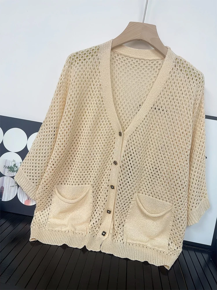 

High Quality Summer Breathable Quarter Sleeved Ice Silk Knitted Cardigan Top for Women's Shawl Sun Protection Shirt